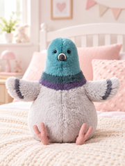 Pigeon Plush Toy on a bed in a bright children's bedroom