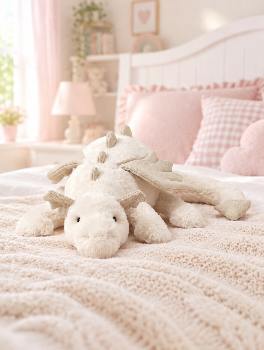 White Dragon Plush Toy on a bed in a bright children's bedroom