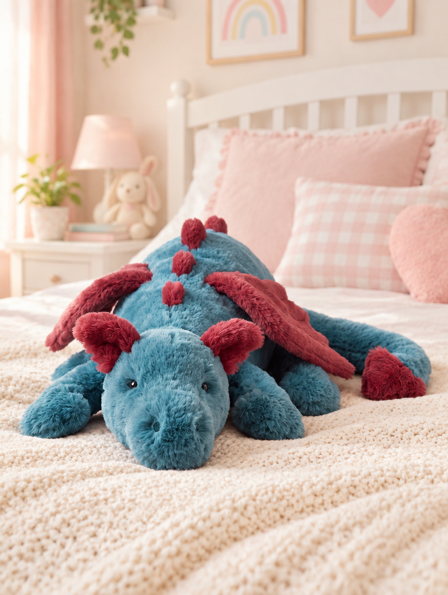Teal and Red Dragon Plush Toy on a bed in a bright children's bedroom