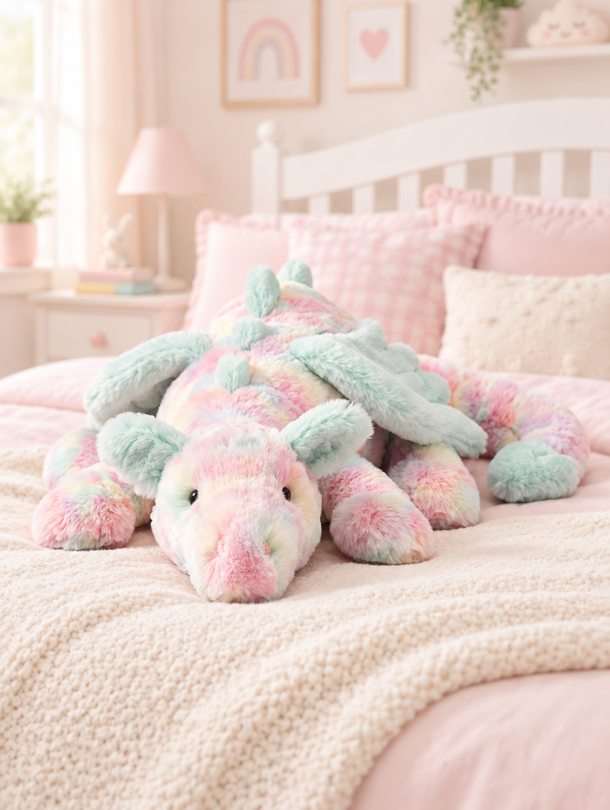 Pastel Rainbow Dragon Plush Toy on a bed in a bright children's bedroom