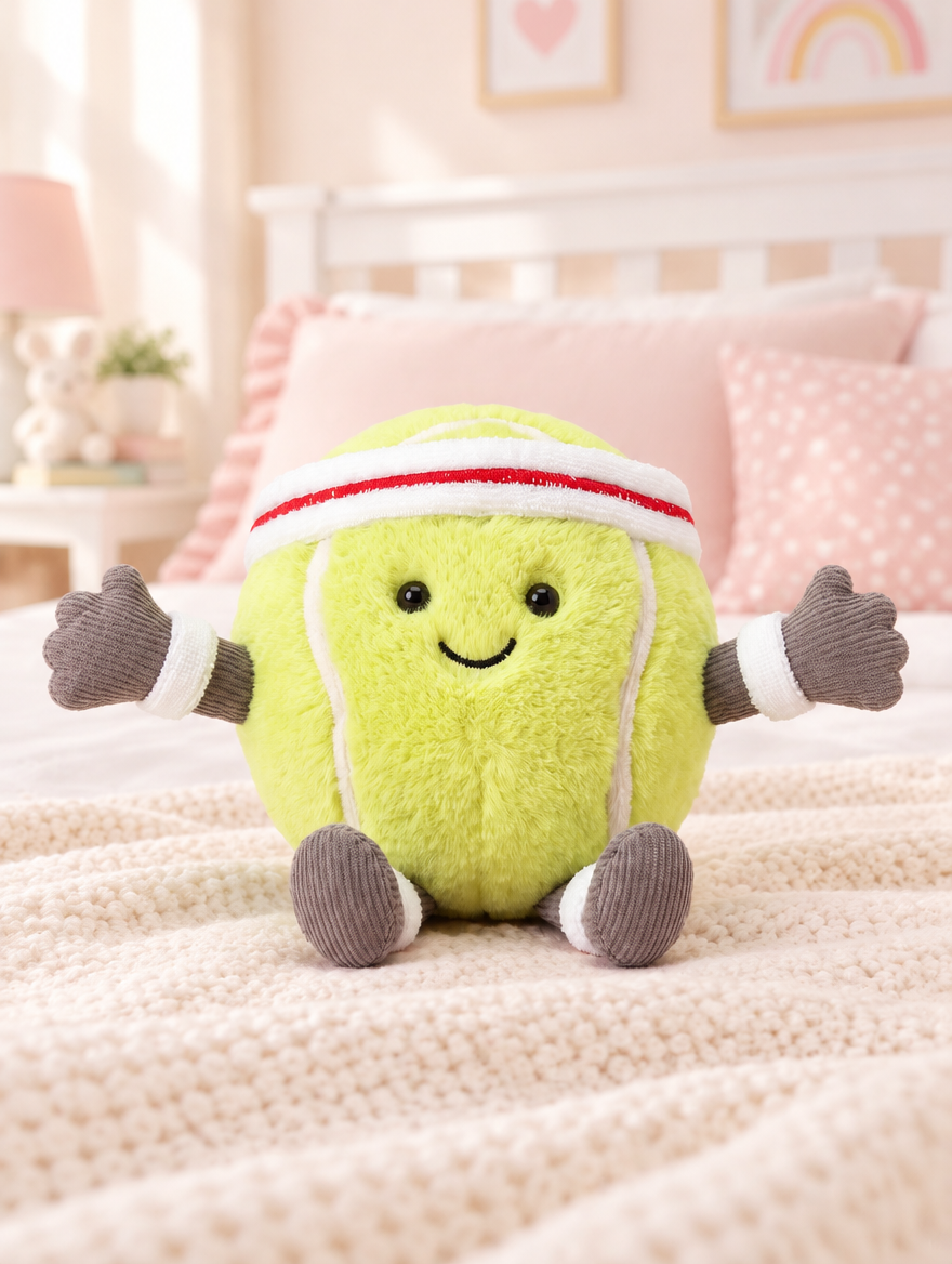 Tennis Ball Plush Toy on a bed in a bright children's bedroom