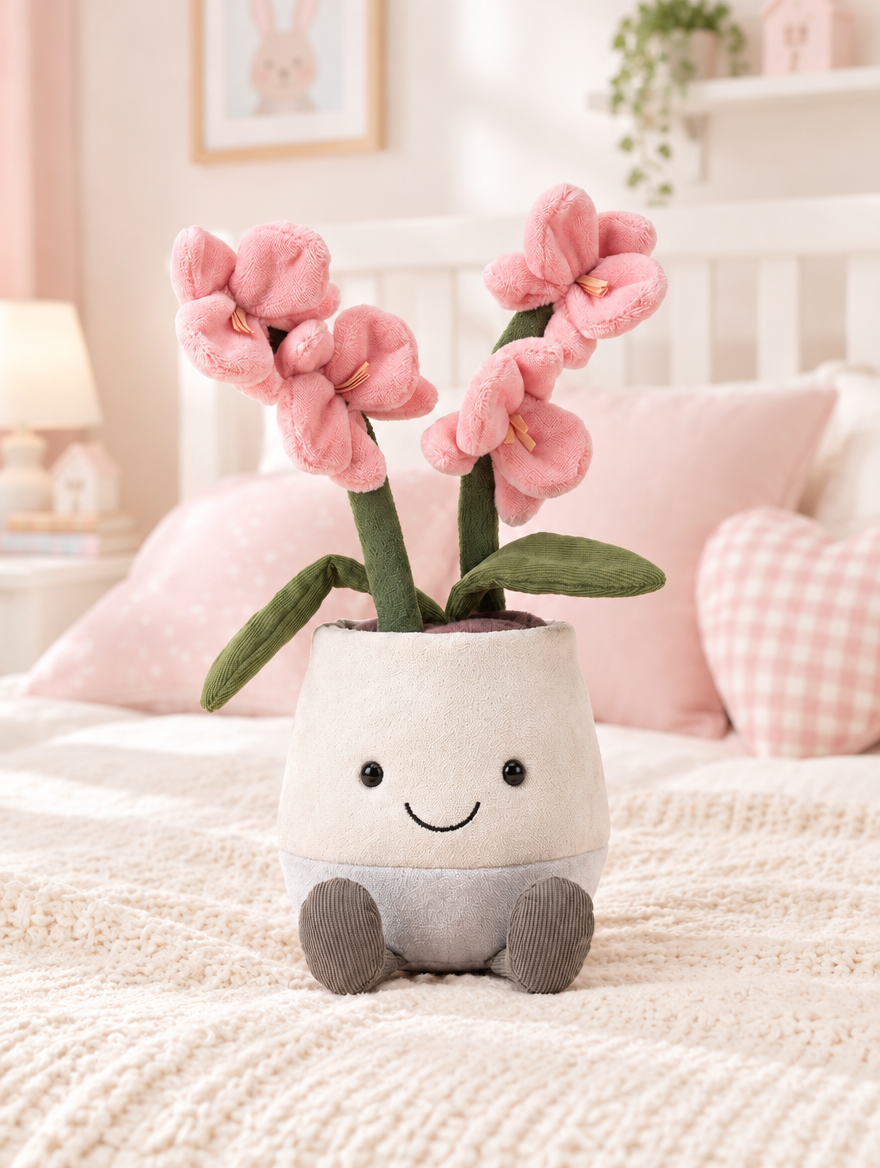 Potted Pink Orchid Plush Toy on a bed in a bright children's bedroom
