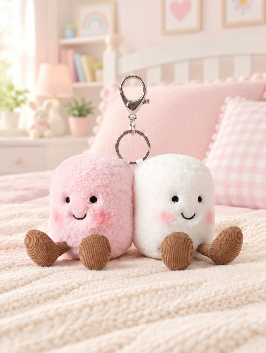 Pink and White Marshmallow Plush Bag Charm on a bed in a bright children's bedroom