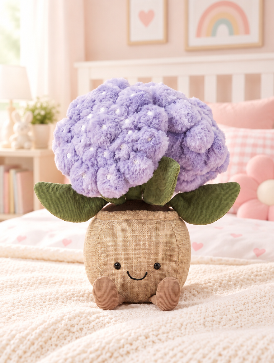 Potted Hydrangea Plush Toy on a bed in a bright children's bedroom