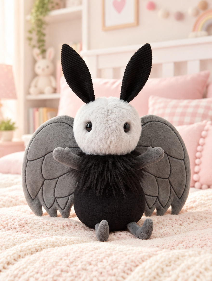 Moth Plush Toy on a bed in a bright children's bedroom