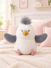 Seagull Plush Toy on a bed in a bright children's bedroom