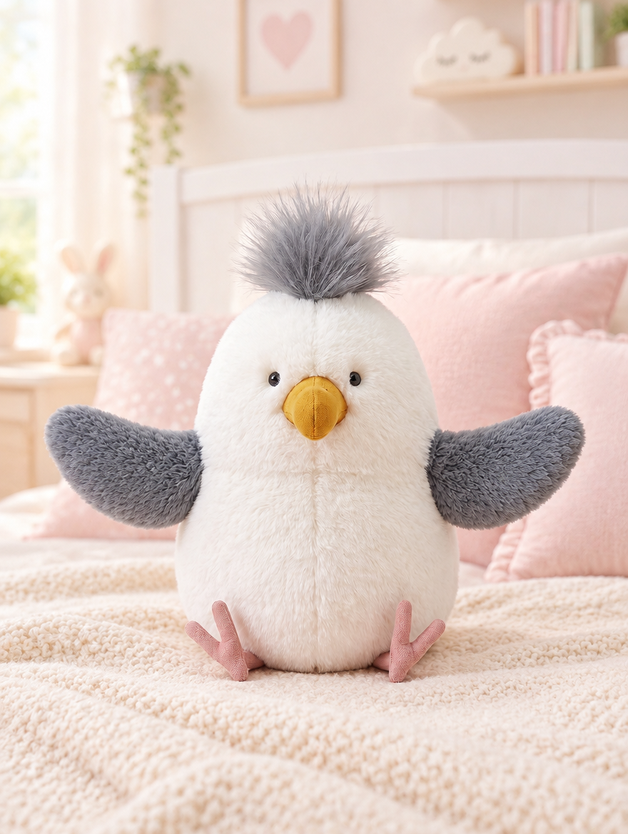 Seagull Plush Toy on a bed in a bright children's bedroom