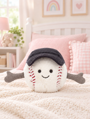 Baseball Plush Toy on a bed in a bright children's bedroom