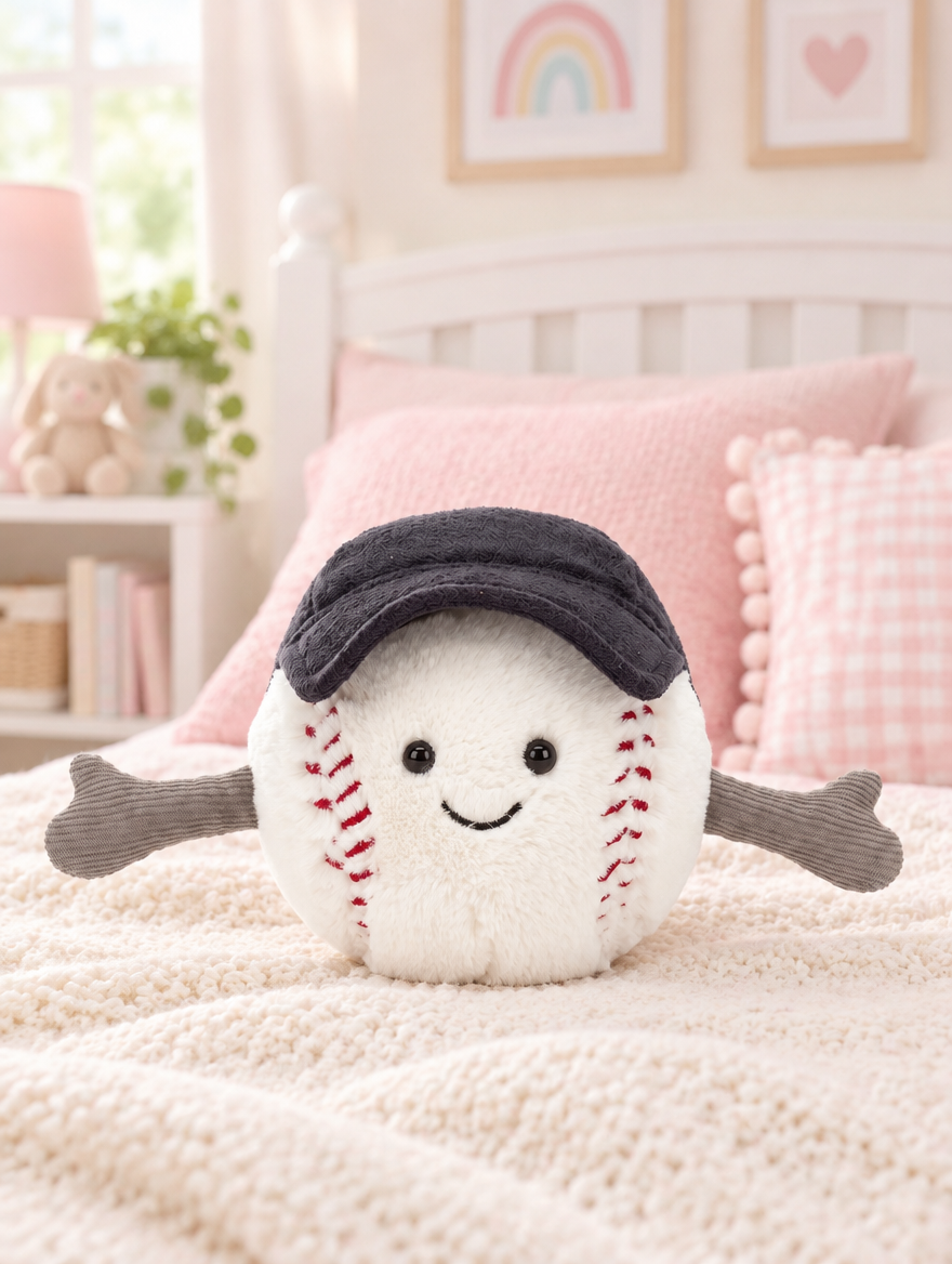 Baseball Plush Toy on a bed in a bright children's bedroom