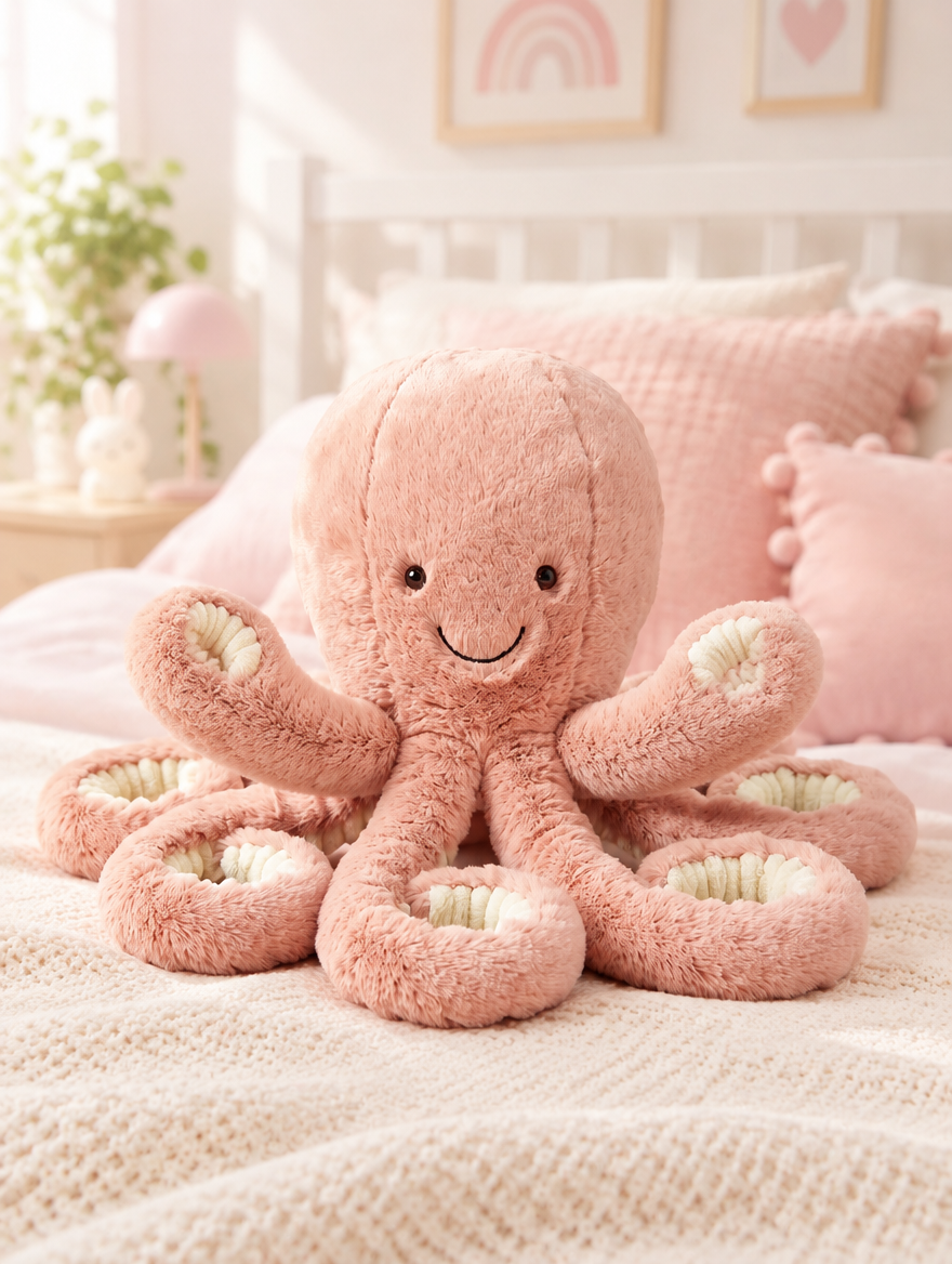 Octopus Plush Toy on a bed in a bright children's bedroom