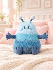 Blue Alien Plush Toy on a bed in a bright children's bedroom