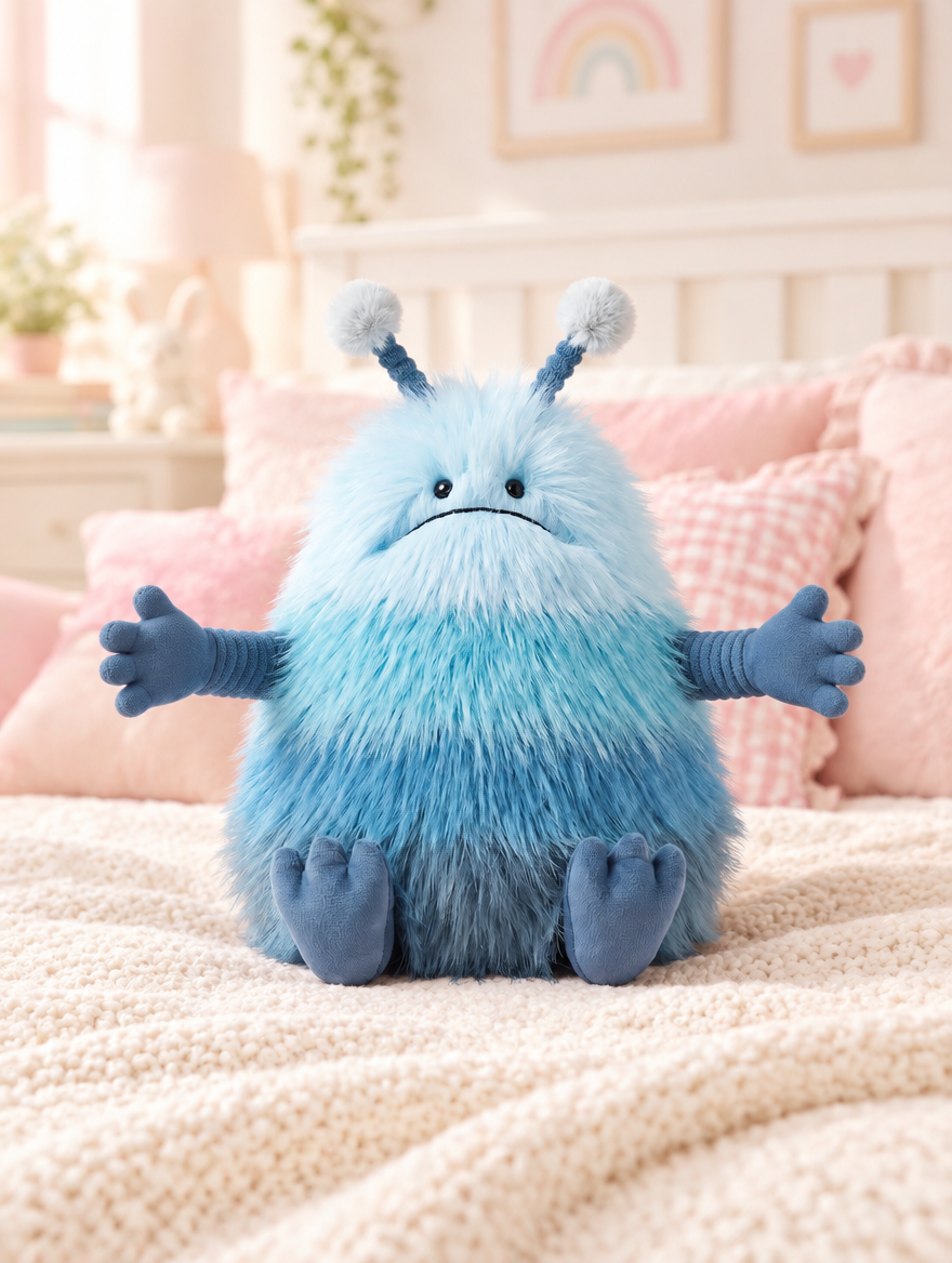 Blue Alien Plush Toy on a bed in a bright children's bedroom