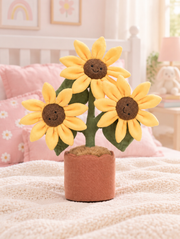 Potted Sunflower Plush Toy on a bed in a bright children's bedroom