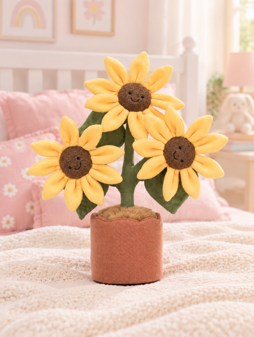 Potted Sunflower Plush Toy on a bed in a bright children's bedroom