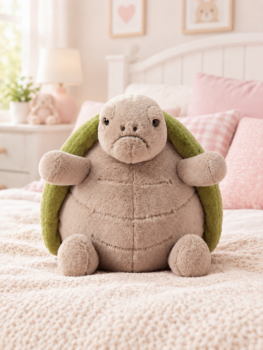 Tortoise Plush Toy on a bed in a bright children's bedroom