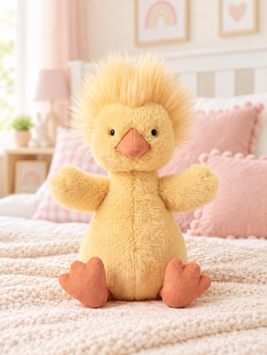 Yellow Duckling Plush Toy on a bed in a bright children's bedroom