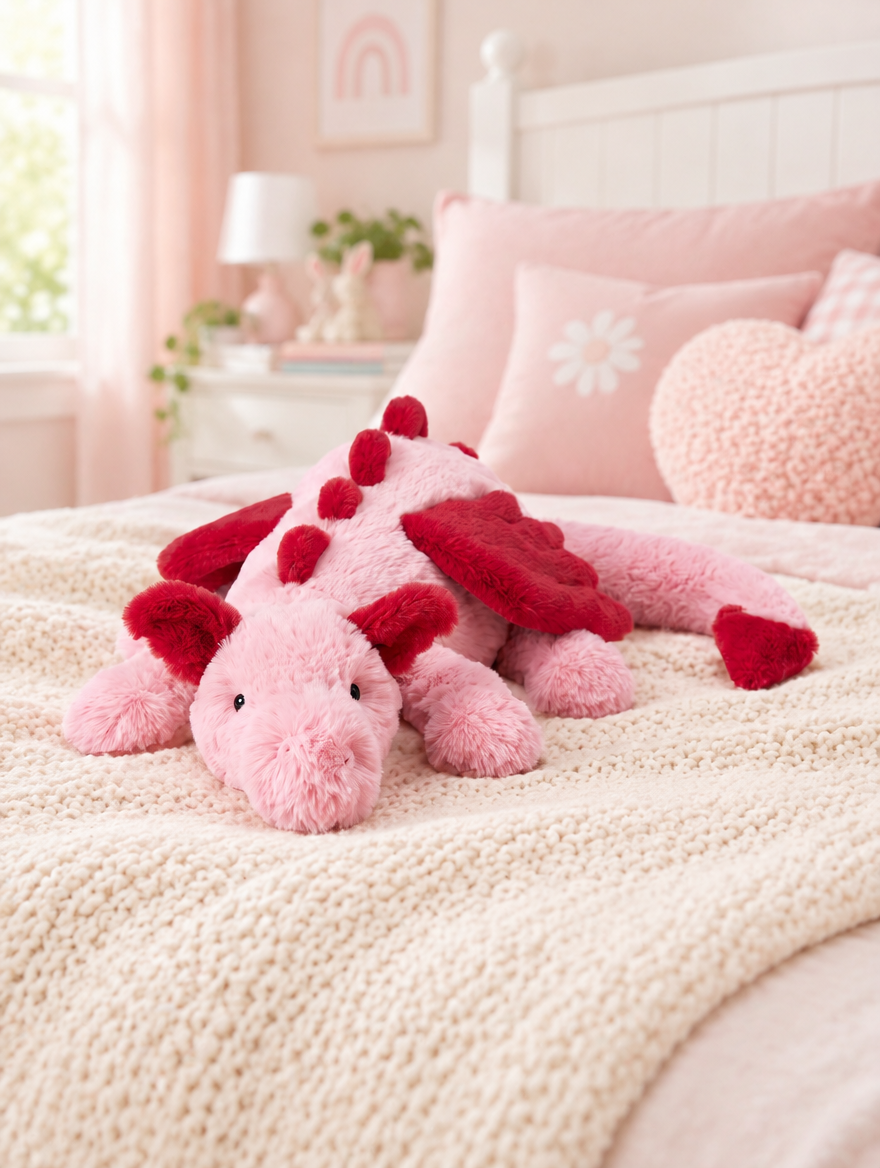 Pink and Red Dragon Plush Toy on a bed in a bright children's bedroom