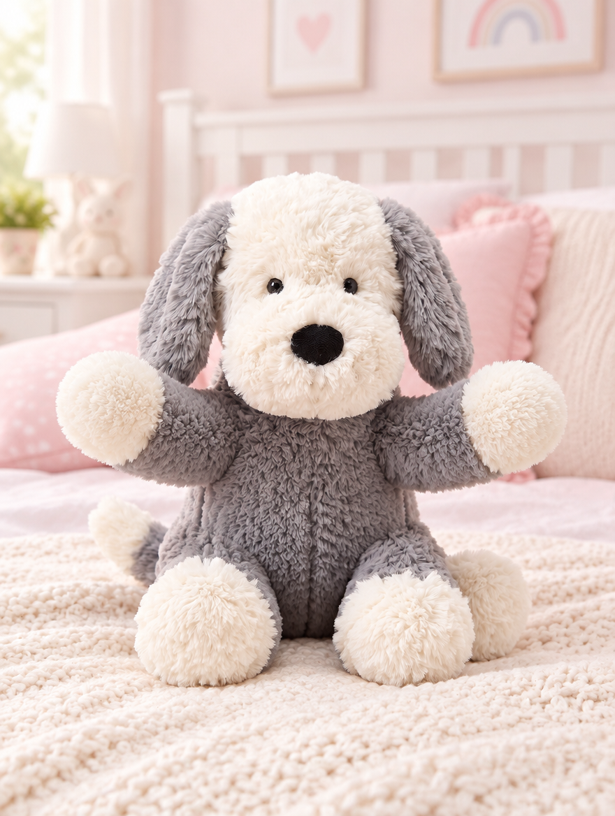 Sheepdog Puppy Plush Toy on a bed in a bright children's bedroom