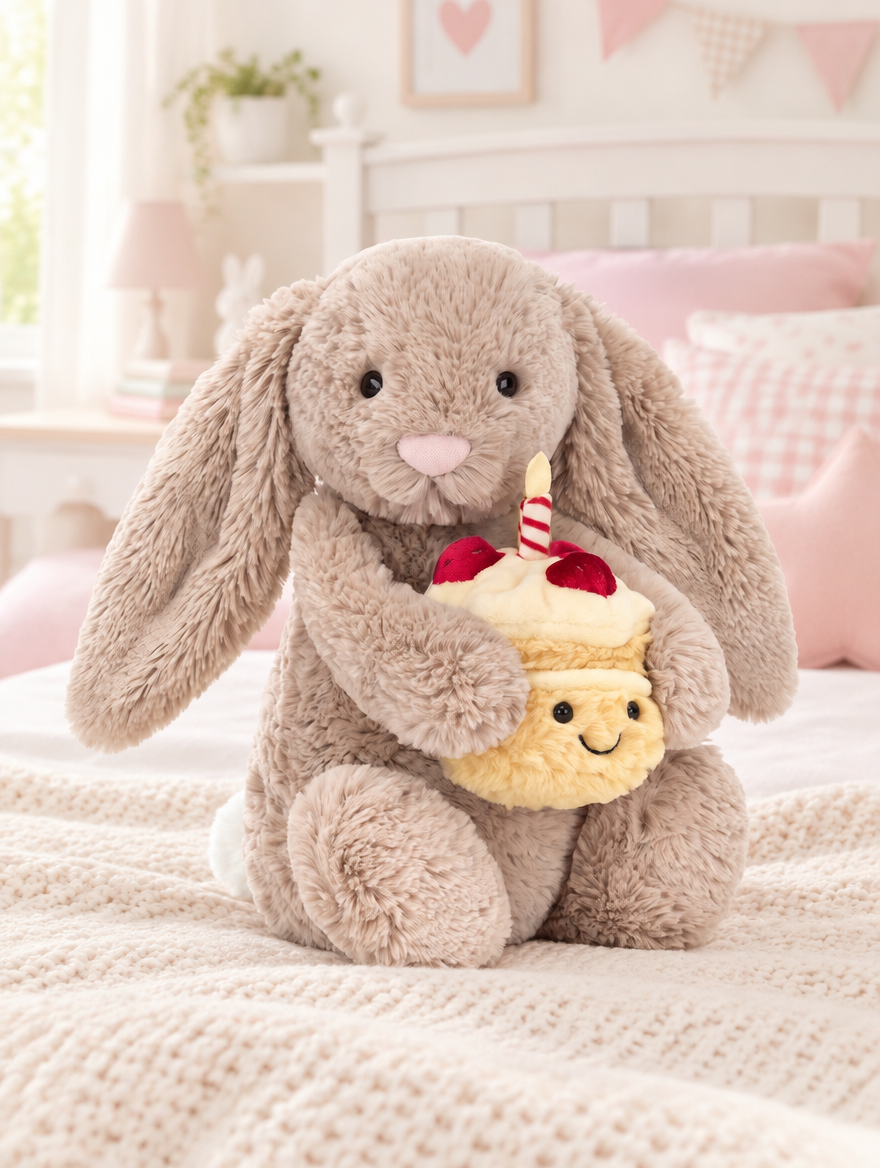 Birthday Cake Bunny Plush Toy on a bed in a bright children's bedroom