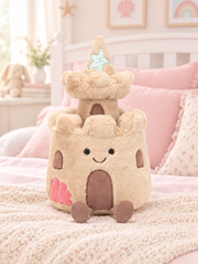 Sandcastle Plush Toy on a bed in a bright children's bedroom