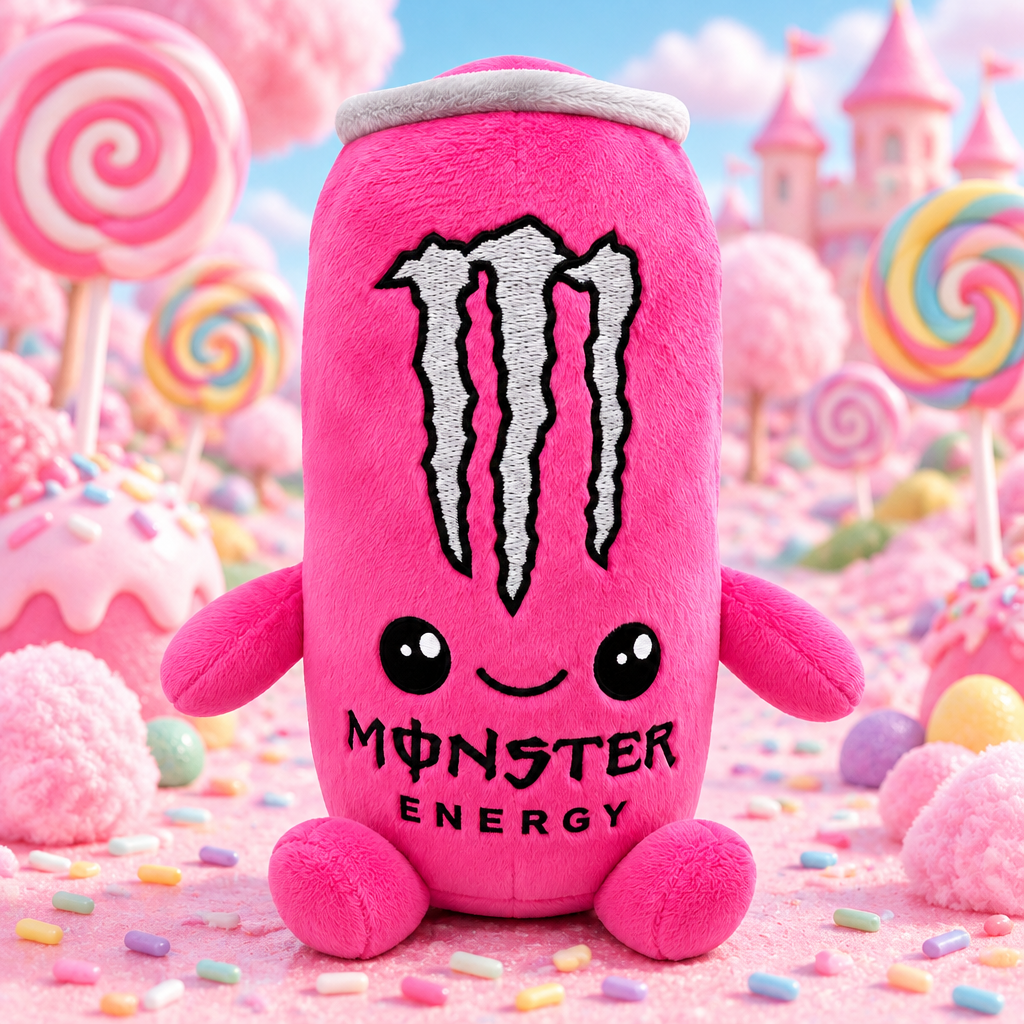 Pink Monster Energy plush toy in a pink candy land