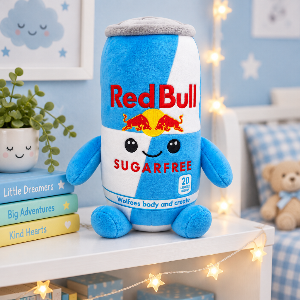 Red Bull Sugarfree plush toy on a shelf in a blue kids' bedroom