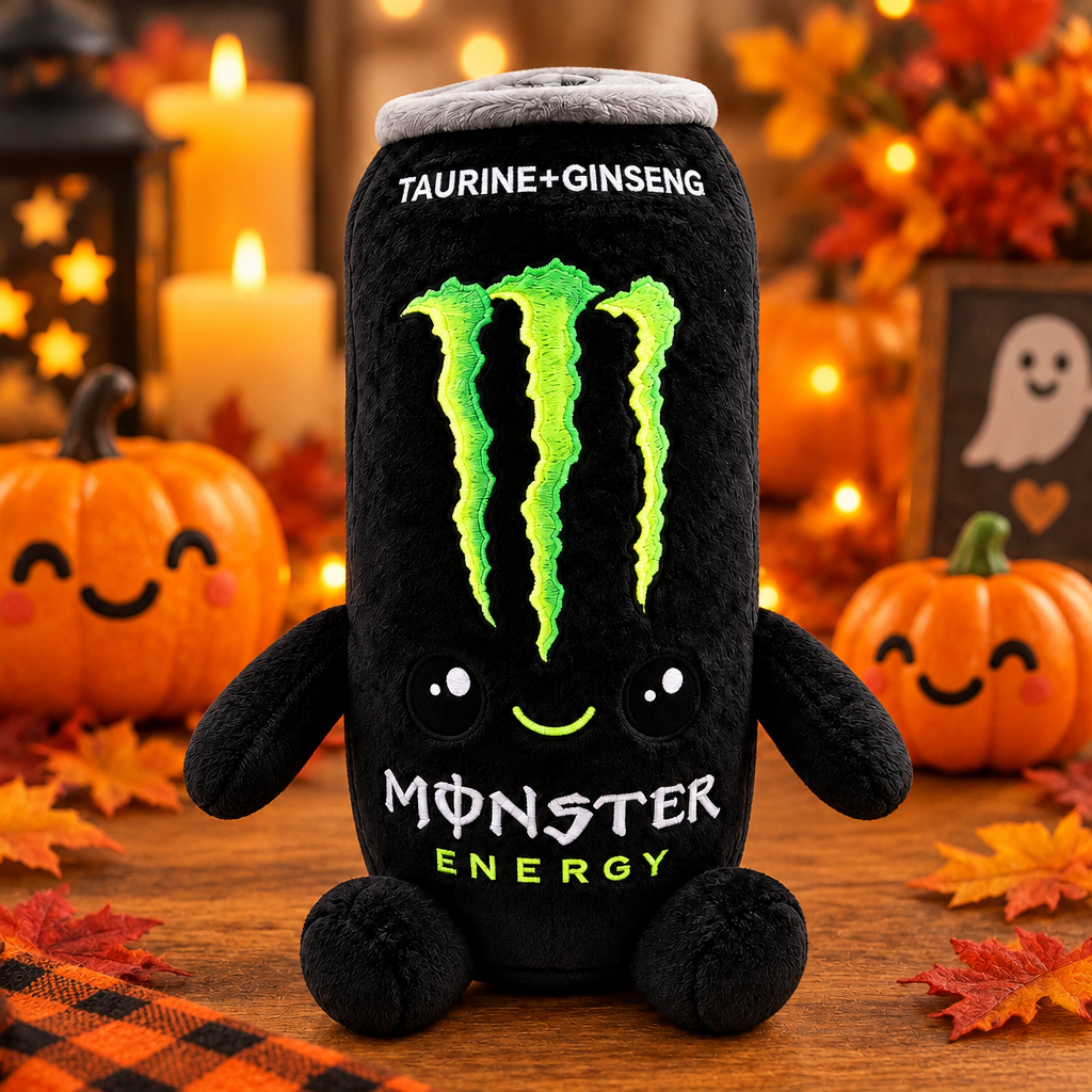 Monster Energy plush toy with smiling pumpkins and autumn leaves