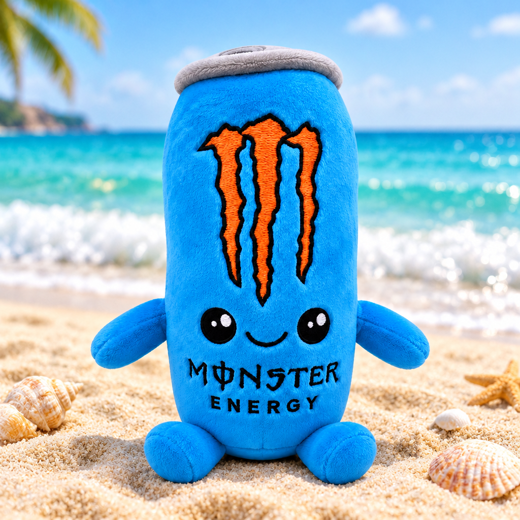Blue Monster Energy plush toy on a sunny beach