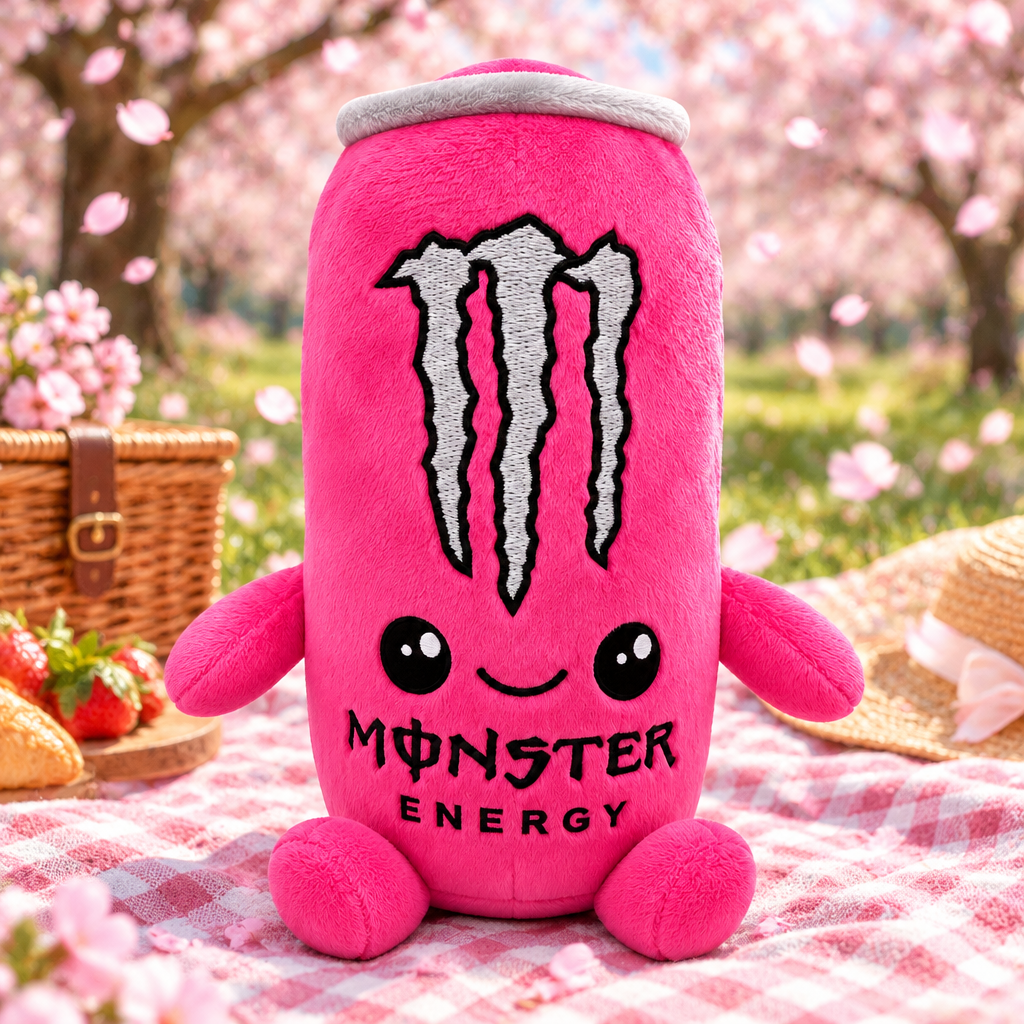 Pink Monster Energy plush toy at a cherry blossom picnic