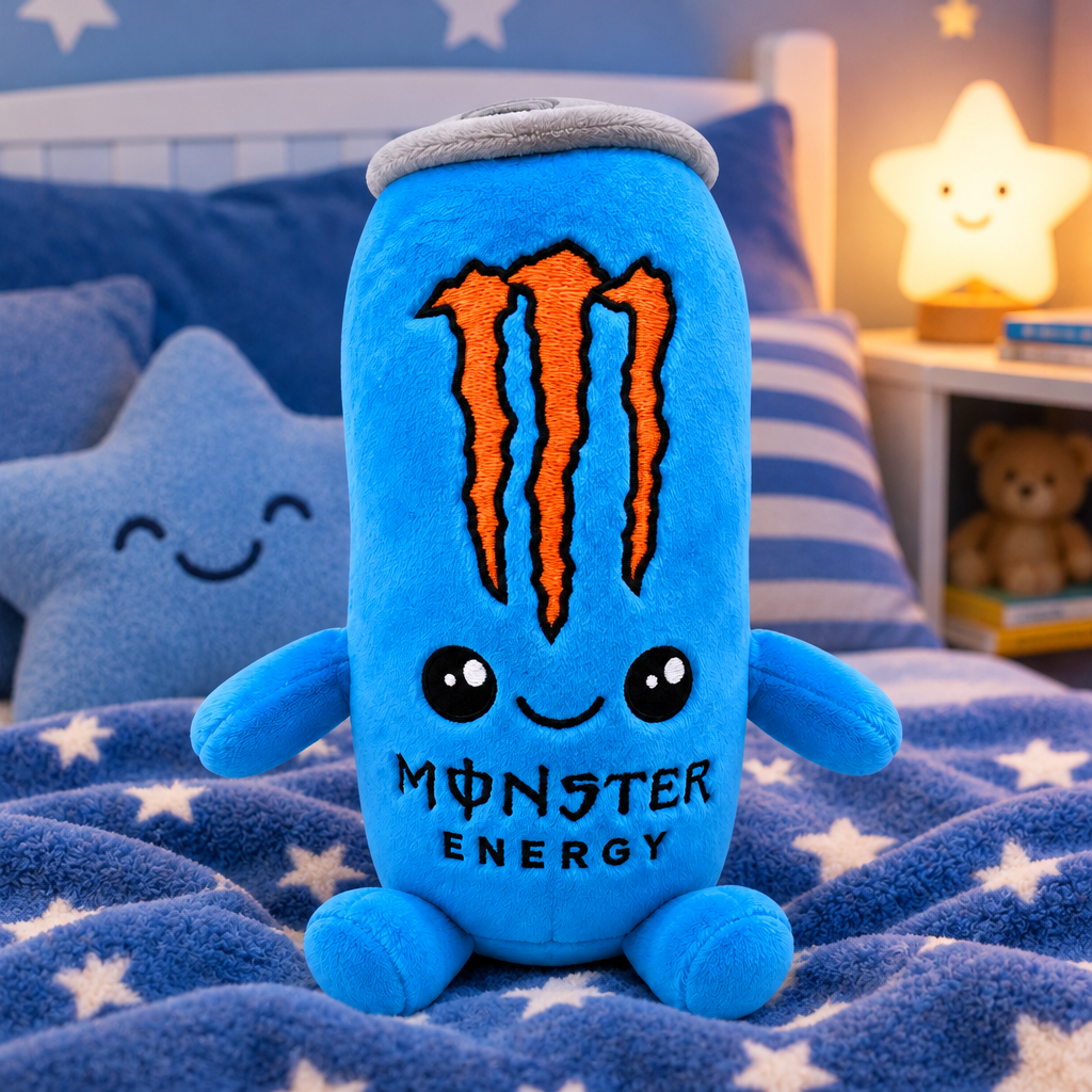 Blue Monster Energy plush toy on a cosy kids' bed