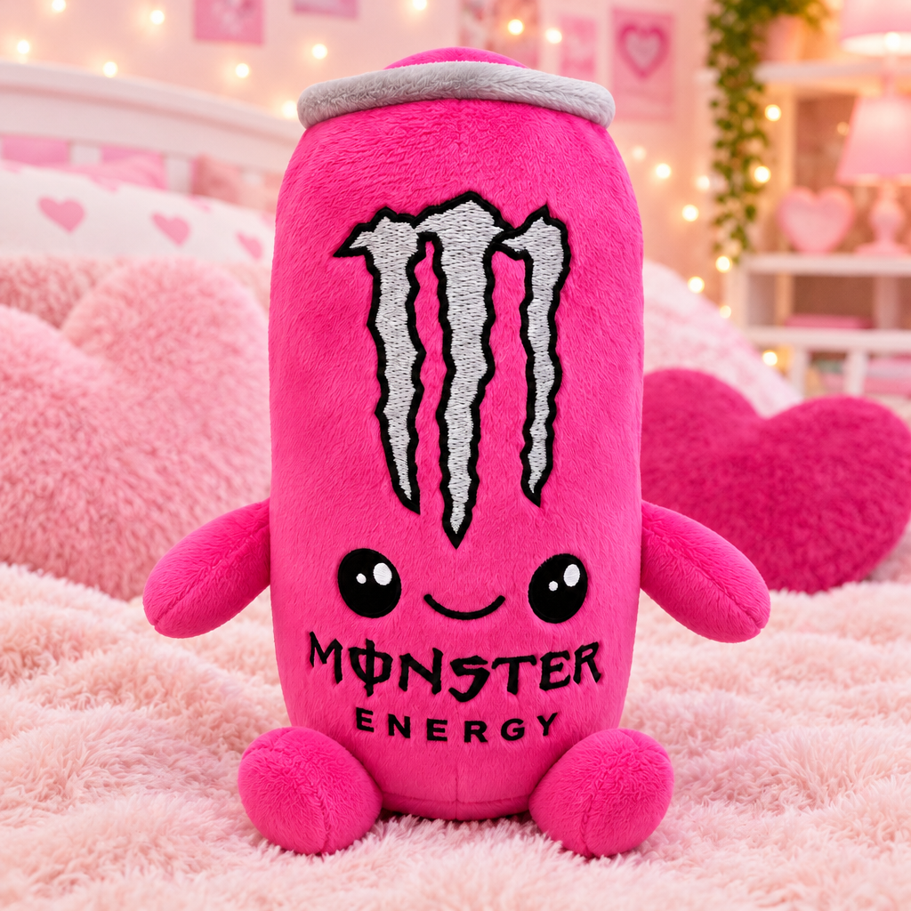 Pink Monster Energy plush toy on a bed with heart pillows