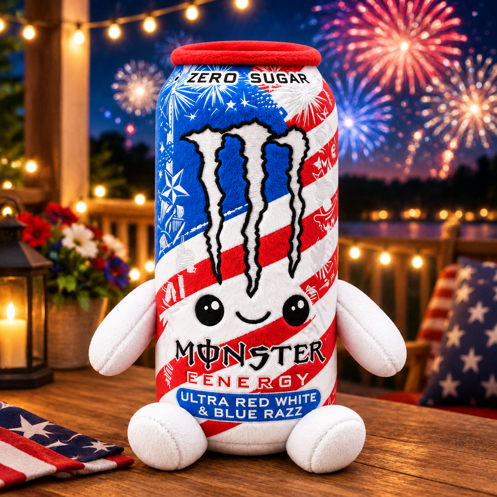 Monster Ultra Red White and Blue Razz plush toy with fireworks