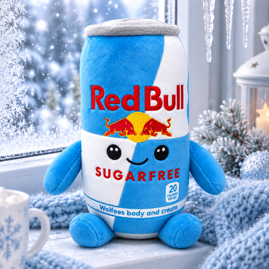 Red Bull Sugarfree plush toy on a frosty winter windowsill