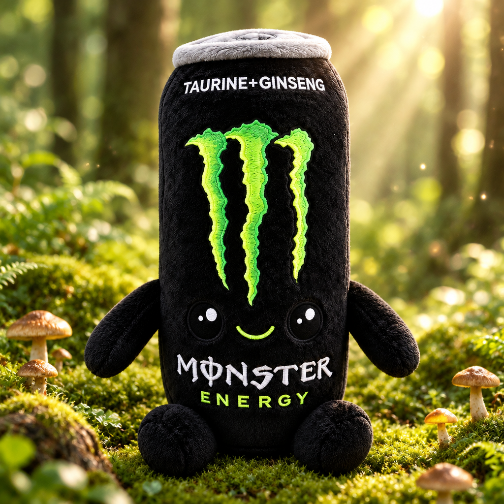 Monster Energy plush toy on a mossy forest floor
