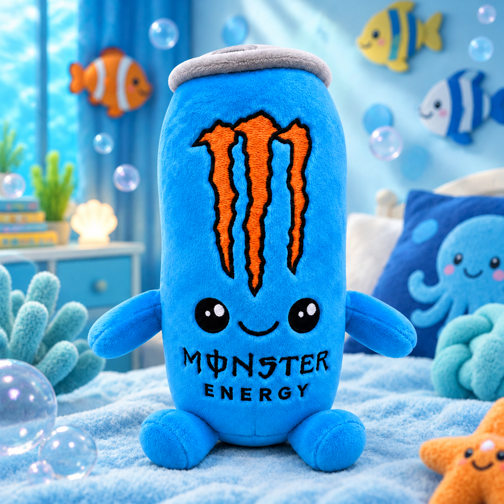 Blue Monster Energy plush toy in an underwater-themed kids' room