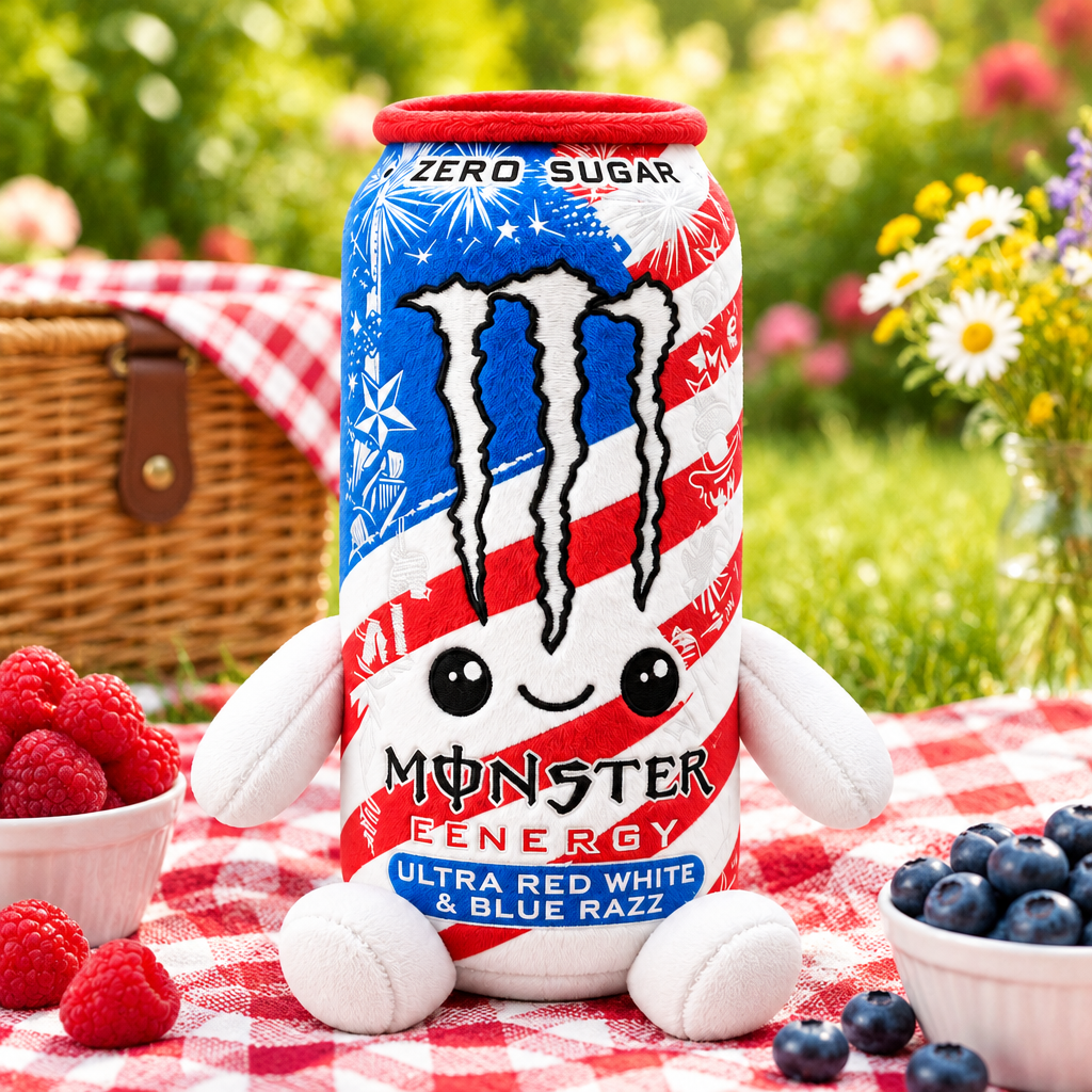Monster Ultra Red White and Blue Razz plush toy at a berry picnic