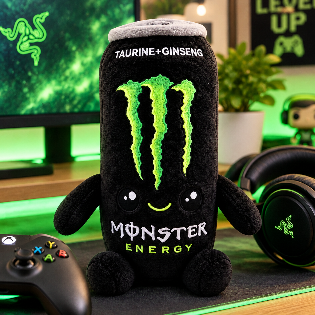Monster Energy plush toy on a gaming desk with green LED glow