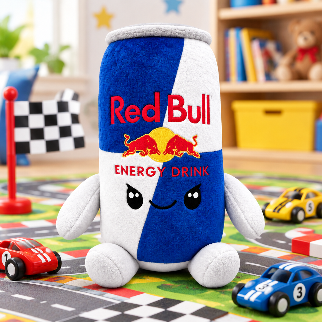 Red Bull plush toy on a toy race track
