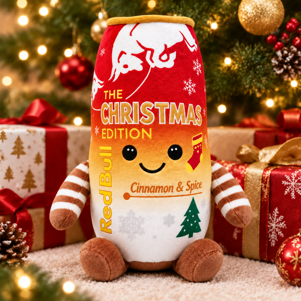 Red Bull Christmas Edition plush toy under the Christmas tree