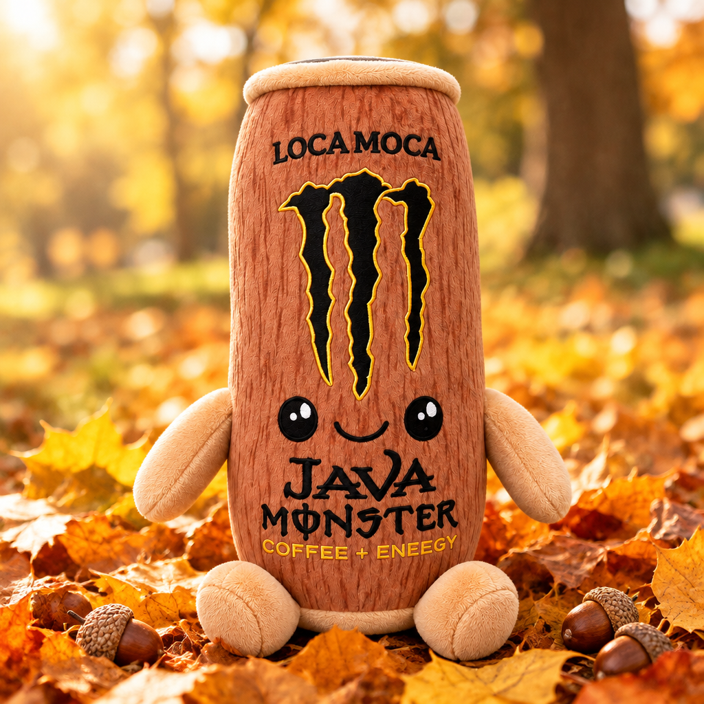 Java Monster Loca Moca plush toy in autumn leaves
