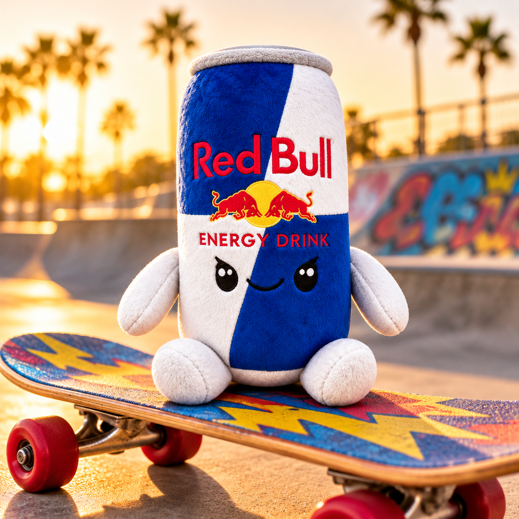 Red Bull plush toy on a skateboard at a skate park