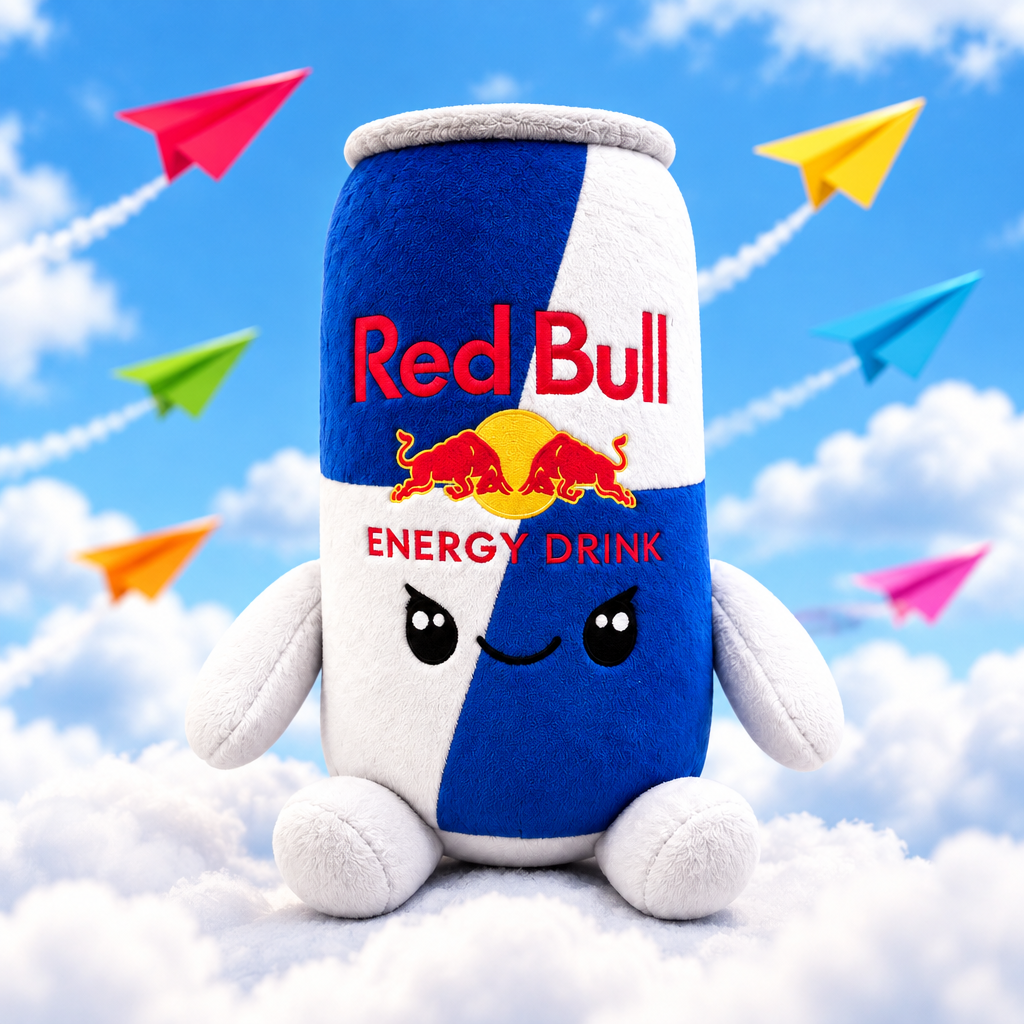 Red Bull plush toy in the sky with paper airplanes