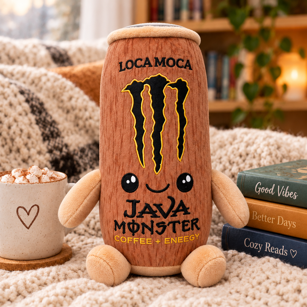 Java Monster Loca Moca plush toy in a cosy reading nook