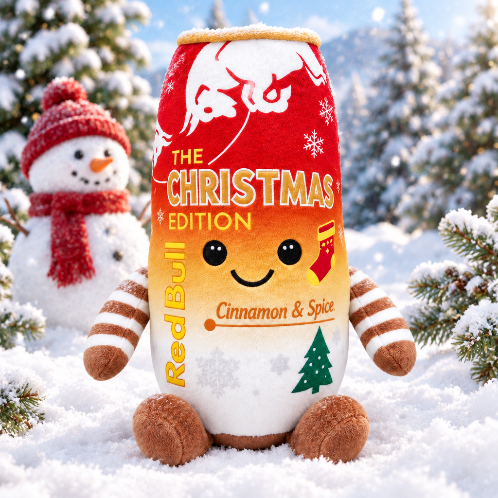 Red Bull Christmas Edition plush toy in a snowy winter wonderland