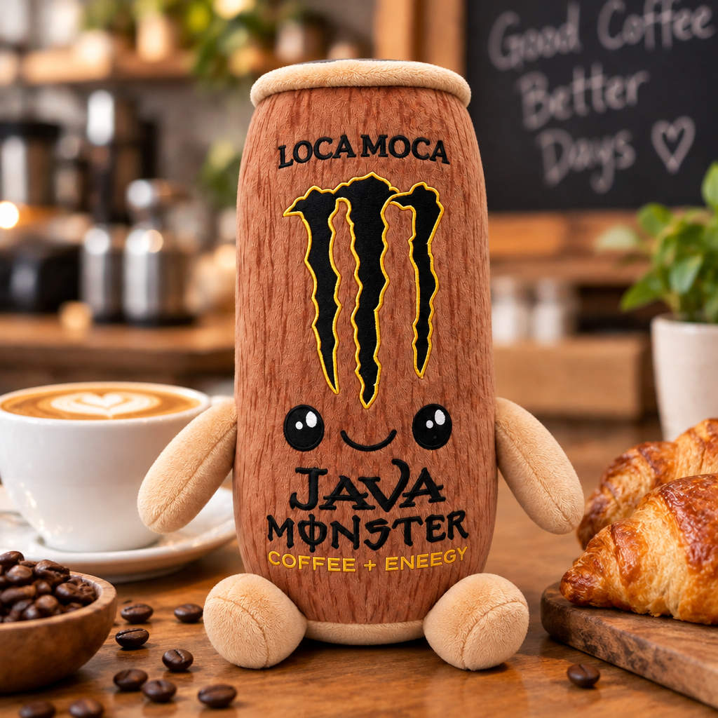 Java Monster Loca Moca plush toy on a coffee shop counter