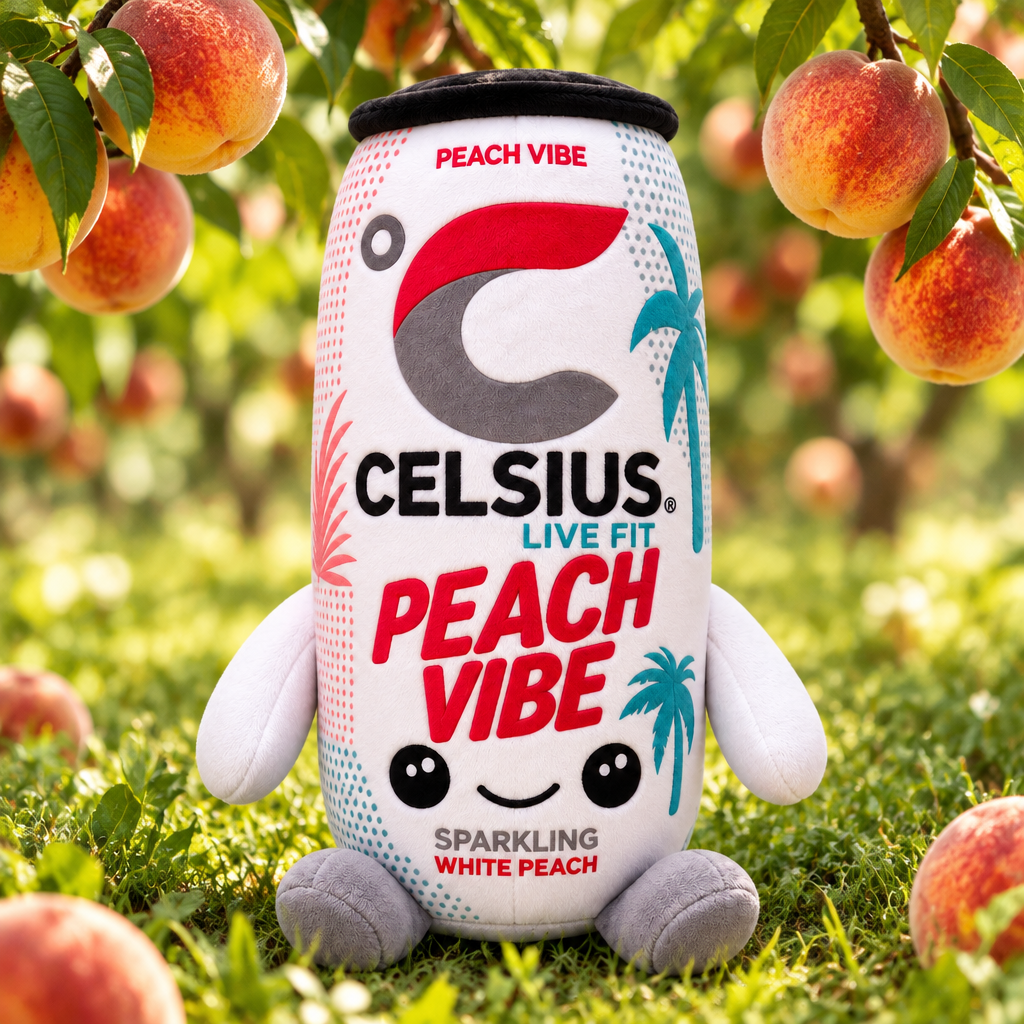 Celsius Peach Vibe plush toy in a peach orchard