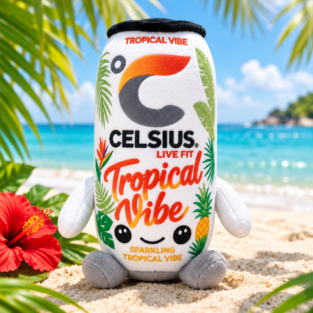 Celsius Tropical Vibe plush toy on a tropical beach