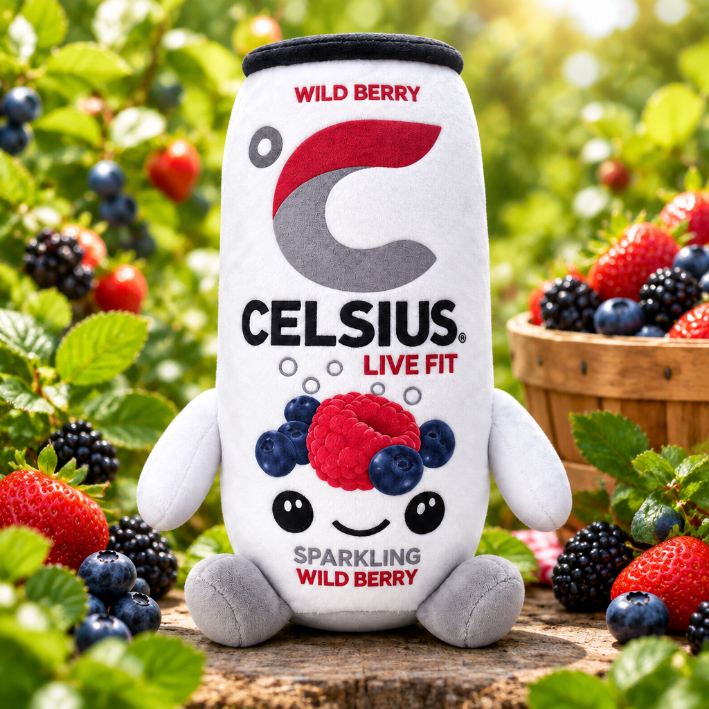 Celsius Wild Berry plush toy in a summer berry patch