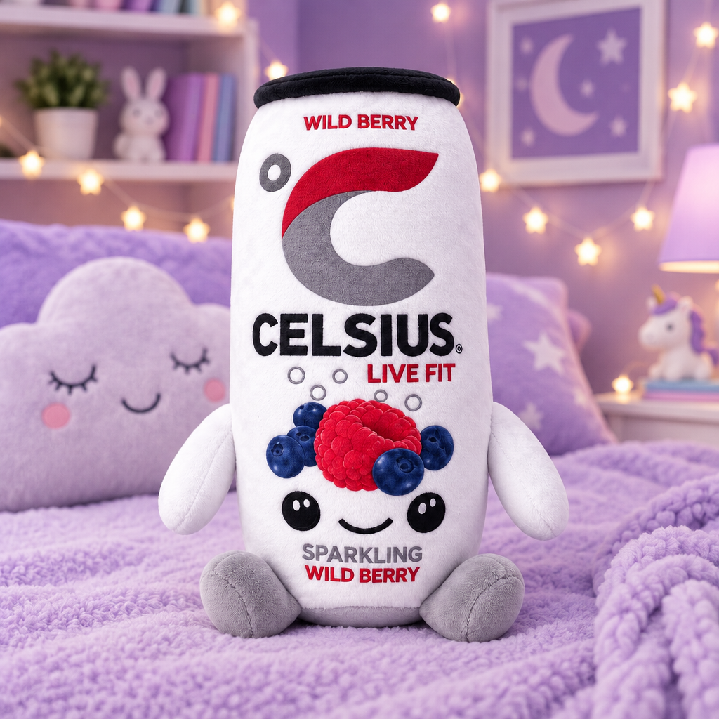 Celsius Wild Berry plush toy in a lavender kids' room