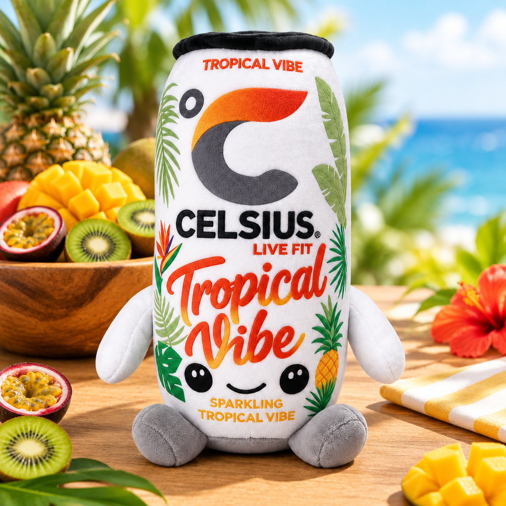 Celsius Tropical Vibe plush toy with a tropical fruit bowl